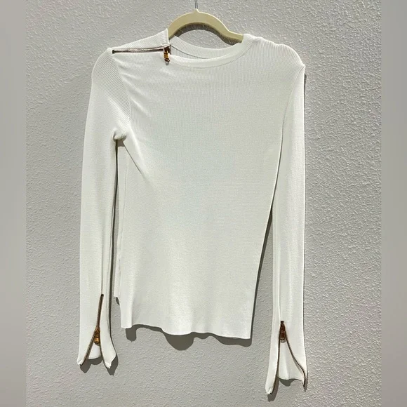 Ribbed Ivory/White Gold Zipper Top Size Small - Picture 2 of 10